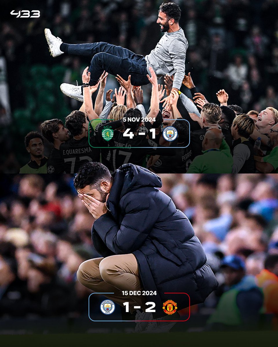 433's tweet photo. Ruben Amorim conquers Man City 𝐓𝐖𝐈𝐂𝐄 in 40 days with two different teams 😯🧠 https://t.co/Jes2jlFVsE