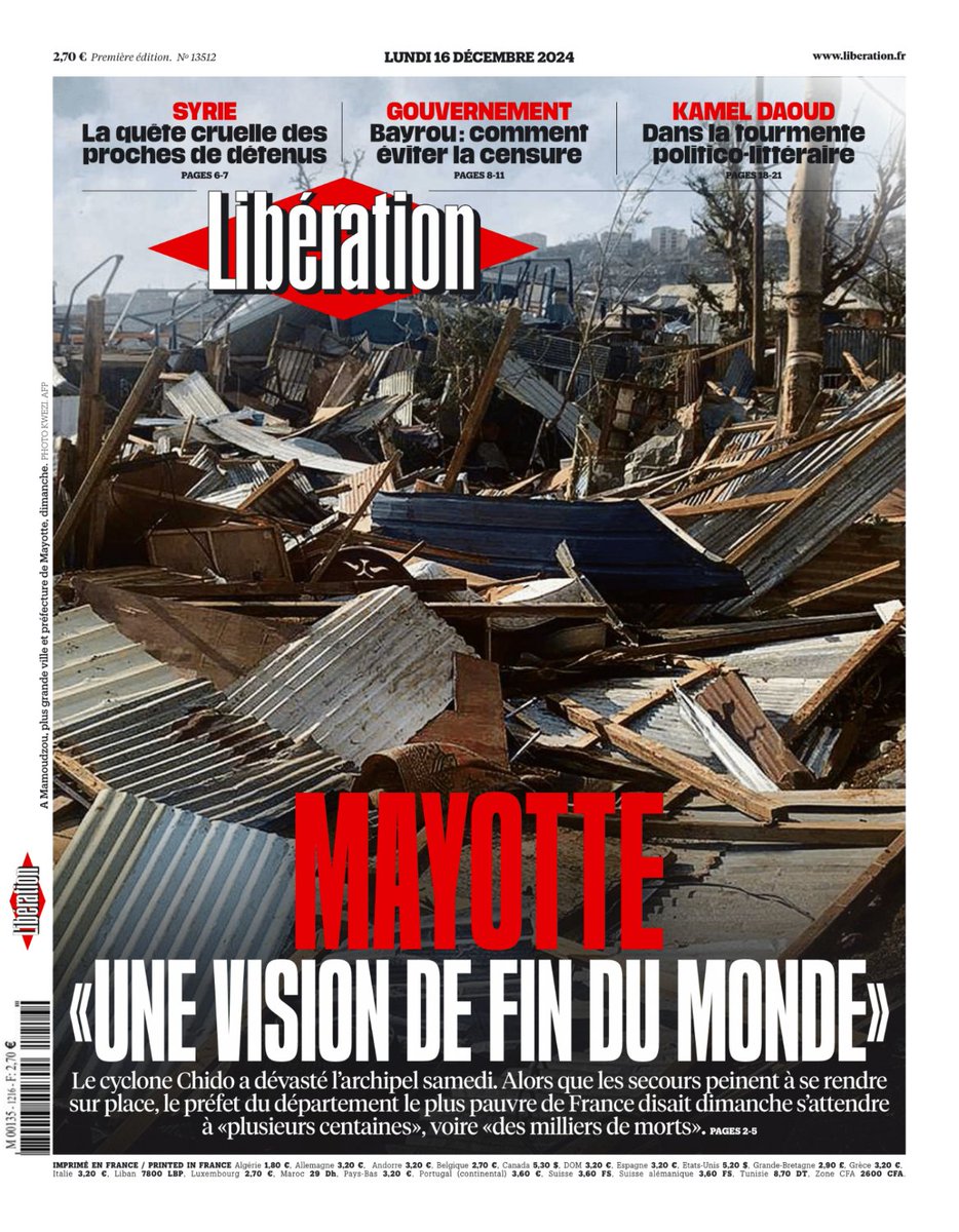 libe's tweet photo. Mayotte : «Une vision de fin du monde»

Le cyclone Chido a dévasté l’archipel. Les secours peinent à se rendre sur place, le préfet du département le plus pauvre de France dit s’attendre à «plusieurs centaines», voire «des milliers de morts» 

C'est la une de @Libe lundi. https://t.co/GxLZ9A5GVH