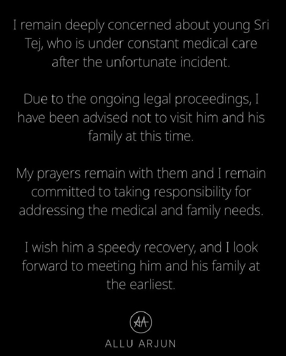 DeccanChronicle's tweet photo. #Tollywood | Allu Arjun expresses concern for young Shri Tej, currently under medical care, and vows to support his recovery despite legal restrictions.
#ShriTej #AlluArjun #prayers https://t.co/uEFvKodW8v