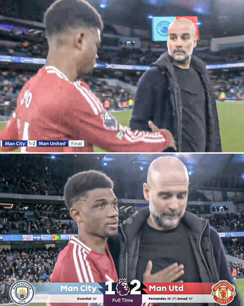 ESPNFC's tweet image. Amad went over to shake Pep Guardiola’s hand after his winner 😄