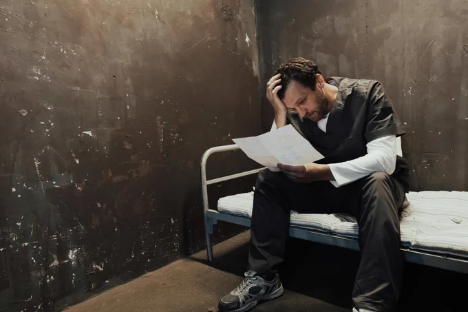 This image shows a man in solitary confinement reading a letter.