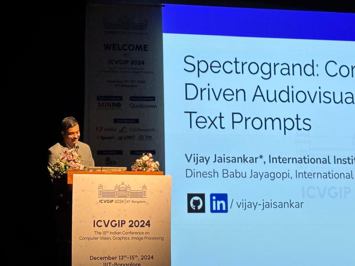 bighungrypigeon's tweet photo. It was great coming back to @IIITB_official to attend and present at #ICVGIP 2024!
Awesome times and tons of learnings involving cool talks with knowledgeable experts 😀
Kudos to the organisers and volunteers, thanks for the amazing organisation 🥳 https://t.co/3kO0VZgDQW