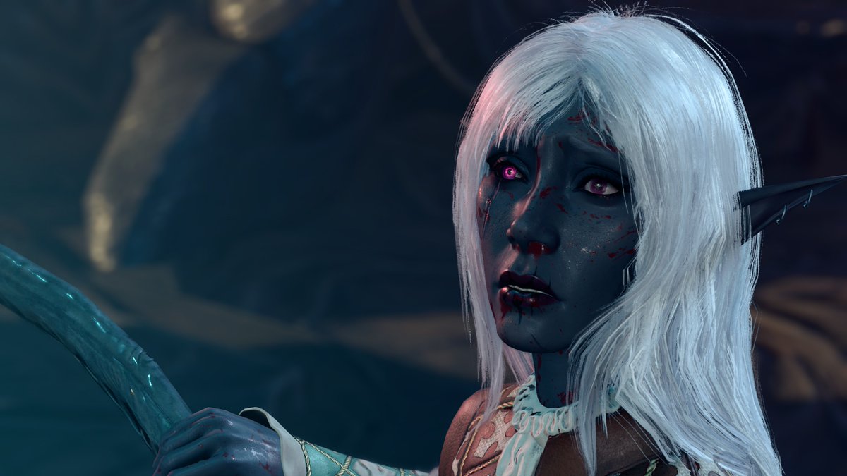 Tirdaelyn's tweet photo. I finally decided to try out a Durge character on BG3. I think they turned out pretty good. This is Il'ysa, drow bard. #BG3 https://t.co/xkglYil8oc