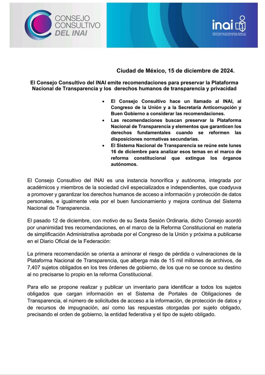 ConsejoConINAI's tweet photo. @ConsejoConINAI llama a @INAImexico, @senadomexicano, @Mx_Diputados y Secretaría Anticorrupción a considerar recomendaciones para preservar la Plataforma Nacional de Transparencia y elementos que garanticen la transparencia y privacidad en las reformas de las normas secundarias. https://t.co/UaNEC3YgO8