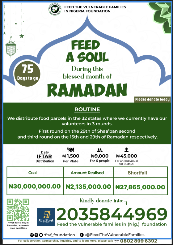 ftvf_foundation's tweet photo. Our brothers and sisters need us now more than ever 💔 Kindly donate if you can, and if you are unable to at this time, please help retweet this. It costs ₦0.00 to do this. Together, let us share the barakah 💖

🌙 𝟏𝟎𝟎% 𝐃𝐨𝐧𝐚𝐭𝐢𝐨𝐧 𝐏𝐨𝐥𝐢𝐜𝐲

₦𝗮𝗶𝗿𝗮 𝗔𝗰𝗰𝗼𝘂𝗻𝘁 𝗗𝗲𝘁𝗮𝗶𝗹𝘀:
2035844969
First Bank
Feed the Vulnerable Families in 
[Nigeria} Foundation

𝗚𝗼𝗳𝘂𝗻𝗱𝗺𝗲:
https://t.co/KTADhT2ya4

𝗣𝗮𝘆𝘀𝘁𝗮𝗰𝗸:
https://t.co/V97fsPMOA8

Whenever we hand our cooked meal [iftar] or food parcels to these individuals or families. We do not expect them to say "Thank you or Jazakumulah khairan"

We simply tell them that "Difficulties in life are a test of how strong their relationship is with Allah [swt] and surely with hardship comes ease” (Quran 94:5): 

Through our willingness to help others, we sometimes learn to be thankful and happy rather than depressed

Please continue to support this noble and rewarding cause

@Wura_oluwa @busola_dgem @Hammedat_ @drx_fatimah @deenfirst_ @atta_firdaus @Ayhobamee
@Iampenlord @Elfaruk_AyoOla @Mhizz_Mariah @Atilolahafeezah @Faridatu001 @redhat_pen_chic @Itz_hafsoh @Abu_Yaaseer @hafysahh @Abdul_charming @ummuhaneebature @Mrbhadoosky @TohiratB @A_QowiyyBadmus @Taofeeqah15 @dammiedammie35 @UnclebeeOla @Lawyer_Baseerah @peng_writer @the_shakirah @Mhizz_Mariah @Surayyah__ahmad @s_moradeyoh @usmanomolara3 @omo_oluso11 @Khadeejah_bee @kabirmaryam60 @Yeancahraheem @ummuhaneebature @flexiblenancy @Aynana24 @nanaa_aeeshah @ai_Firdausii @EngrKibiya @IdrisAOni1 @Yeesourlarh @__yeesha__ @MotopedaRN @EngrKibiya @Aheesha_x @ih_kabir