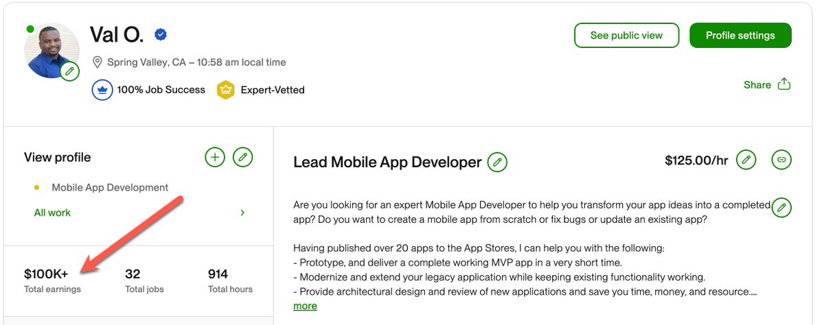valokafor's tweet image. I just crossed $100K in earnings on Upwork! Nights and weekends do pay off. I achieved this with only a few clients. The market&apos;s more competitive now, but if I had to start over, here&apos;s what I&apos;d do… #freelancing #androiddevloper
