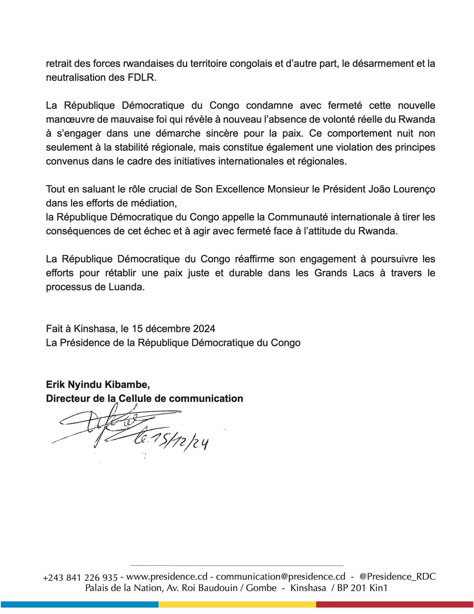 Lobelanwes's tweet photo. #ProcessusdeLuanda | Communiqué de presse de la
Présidence de la #RDC suite à l'annulation de la tripartite prévue ce dimanche à #Luanda, en #Angola. https://t.co/eUFDnB4vYe