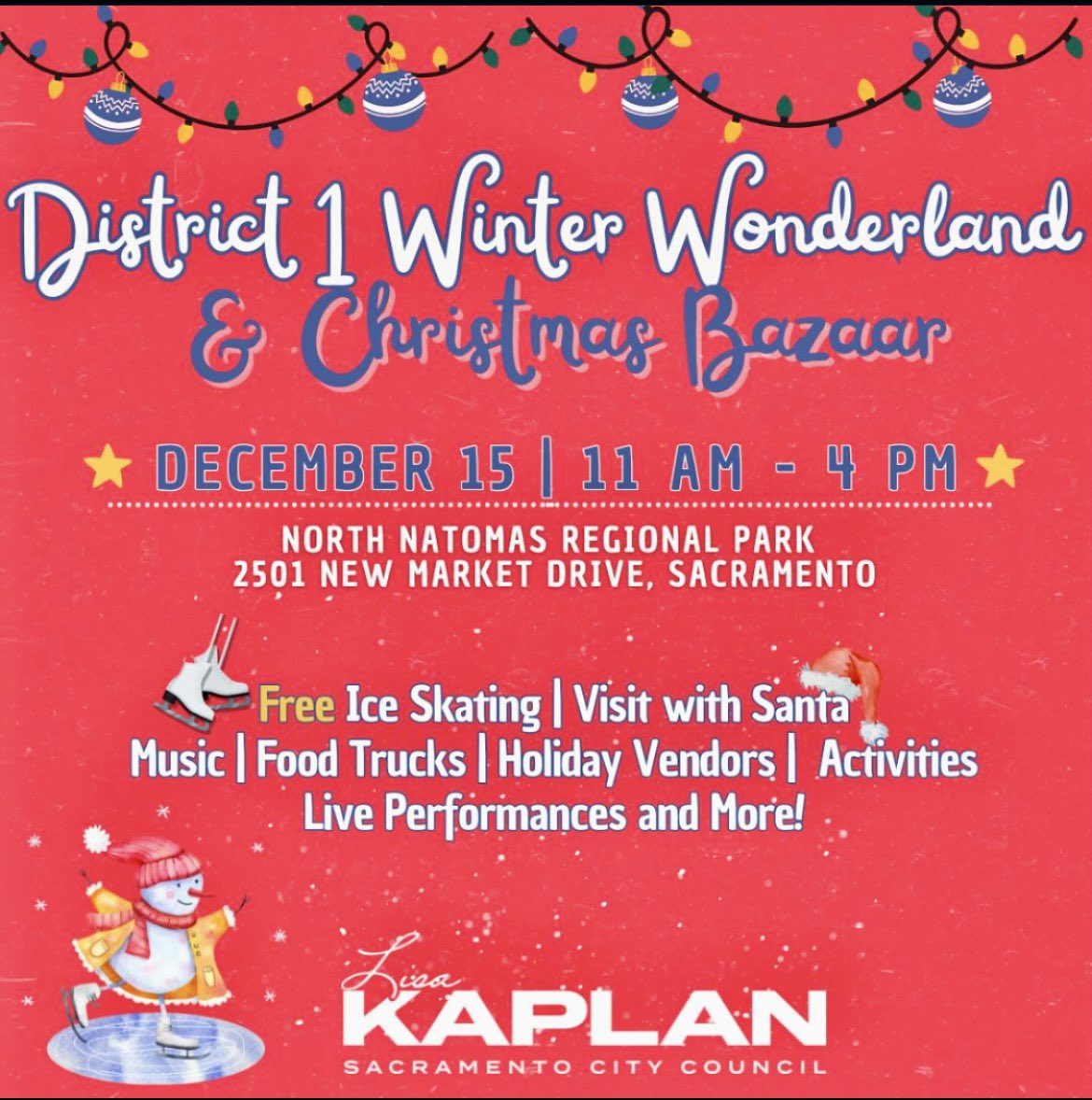 CM_LisaKaplan's tweet photo. Join Team Kaplan at our 2nd annual Winter Wonderland. Free ice skating, pictures with Santa, local vendors, food & community. See you there! @SantaInD1 #natomas #robla #holiday #localbusiness #snow #northnatomas https://t.co/ikE75pl3iv