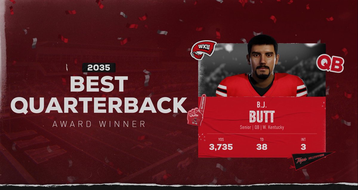 CoachGurth's tweet photo. The greatest Hilltopper there ever was 🐐

BJ Butt wraps up his 2035 Season with some legendary accolades!

2035 Heisman Winner
2035 Walter Camp Award
2035 Johnny Unitas Golden Arm
2035 Davey O’Brien Award

#GoTops #ProTops https://t.co/lsu9GT5QoQ