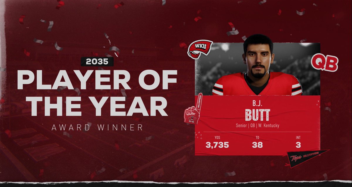 CoachGurth's tweet photo. The greatest Hilltopper there ever was 🐐

BJ Butt wraps up his 2035 Season with some legendary accolades!

2035 Heisman Winner
2035 Walter Camp Award
2035 Johnny Unitas Golden Arm
2035 Davey O’Brien Award

#GoTops #ProTops https://t.co/lsu9GT5QoQ