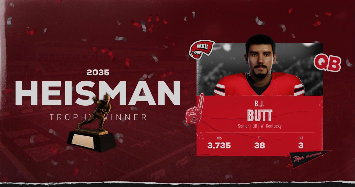 CoachGurth's tweet photo. The greatest Hilltopper there ever was 🐐

BJ Butt wraps up his 2035 Season with some legendary accolades!

2035 Heisman Winner
2035 Walter Camp Award
2035 Johnny Unitas Golden Arm
2035 Davey O’Brien Award

#GoTops #ProTops https://t.co/lsu9GT5QoQ