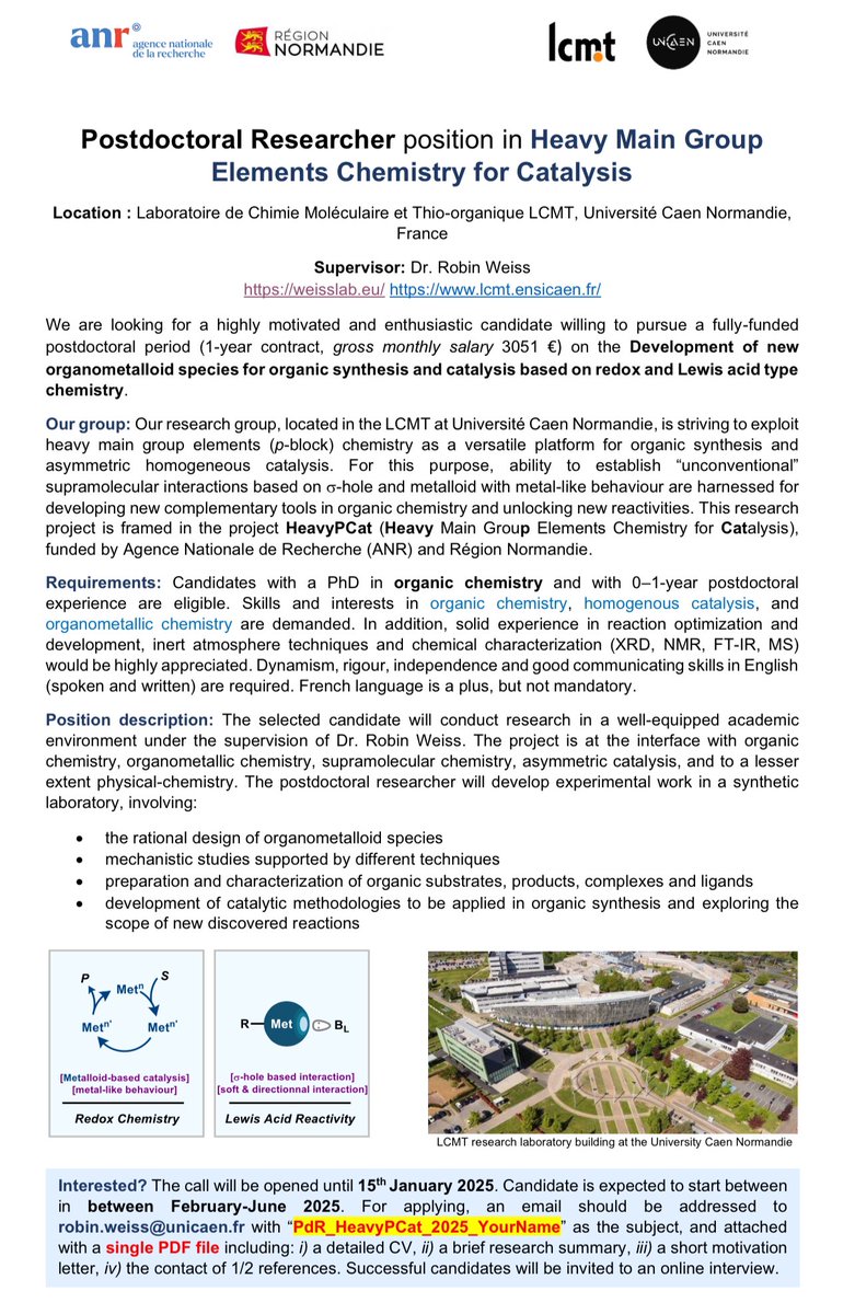 Robin Weiss (@robinweiss_chem) on Twitter photo 📣 We are looking for an Organic Chemist to work in Catalysis with main Group Elements 🧪🧑🔬. A Postdoctoral position is available at <a href="/Universite_Caen/">Université de Caen Normandie</a> (France 🇫🇷), starting Feb.-June 2025. Details are below.
weisslab.eu
RT appreciated ! 📣 We are looking for an Organic Chemist to work in Catalysis with main Group Elements 🧪🧑🔬. A Postdoctoral position is available at <a href="/Universite_Caen/">Université de Caen Normandie</a> (France 🇫🇷), starting Feb.-June 2025. Details are below.
weisslab.eu
RT appreciated !