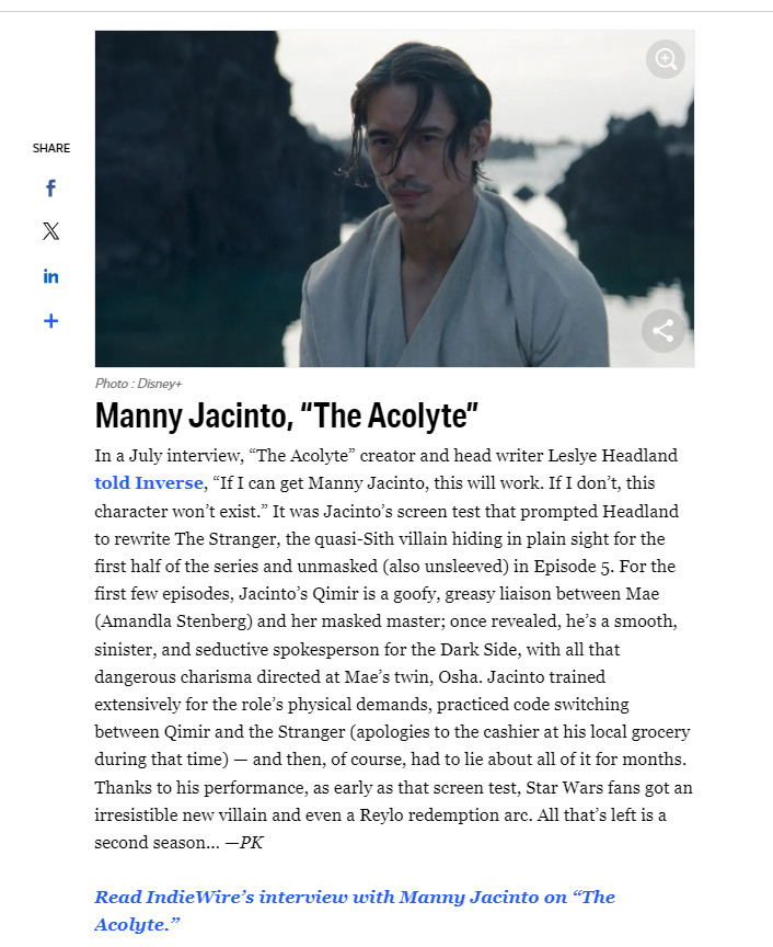 Acolytelovers's tweet photo. Manny Jacinto is recognized by IndieWire as one of the best performances of 2024 in The Acolyte.🥳❤️
As Leslye H. said: “If I can get Manny Jacinto, this will work. If not, this character won’t exist.”

Thanks to his performance, all that's left is s2🔥

#SaveTheAcolyte @Disney https://t.co/GikuT7gXIf