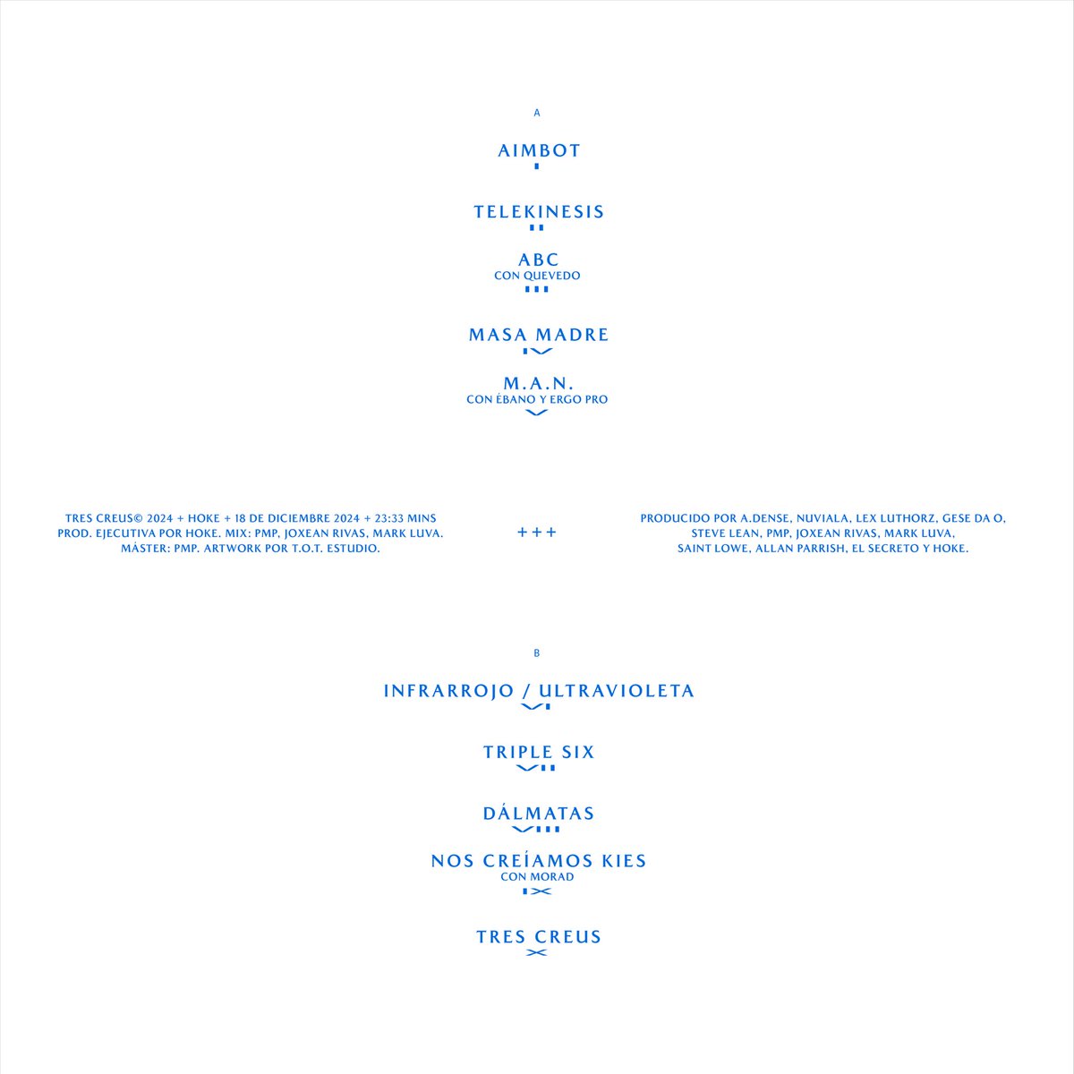 HOKE anuncia NUEVO ÁLBUM para el 18 DE DICIEMBRE
<a href="/HokeBBO/">HOKE BBO</a> 

💿 TRES CREUS

👤 ÉBANO
👤 QUEVEDO
👤 ERGO PRO
👤 MORAD

🎹 A. DENSE
🎹 NUVIALA
🎹 PMP
🎹 HOKE
🎹 LEX LUTHORZ
🎹 GESE DA O
🎹 EL SECRETO
🎹 STEVE LEAN
🎹 JOXEAN RIVAS
🎹 MARK LUVA
🎹 ALLAN PARRISH
🎹 SAINT LOWE
