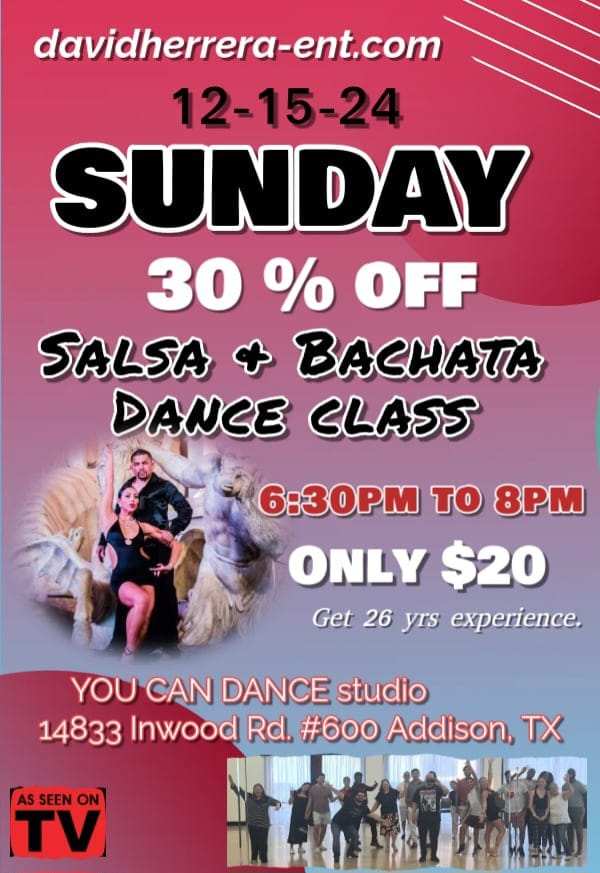 HerreraEnt's tweet photo. SUNDAY 12-15-24 is 30 % off SALSA &amp; BACHATA  6:30pm-8pm @ You Can Dance studio  Addison , TX 
#salsa #bachata #sunday #sundays  #youcandancedallas #carrollton #texas #addison #dallas   #dance #dancing  #bailar  #latindancing #latindancers #latindance #tx #dfw #dancers #dancer https://t.co/hEgXTvRXOt