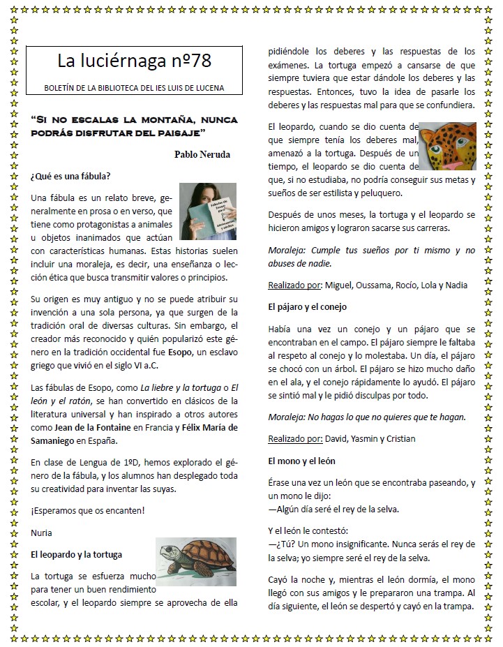 Nuevo número de "La Luciérnaga" con la colaboración de la profe Nuria y sus alumnos de 1º ESO.
#LaLuciérnaga #IESLuisdeLucena #Guadalajara 
Léela en este enlace:
iesluisdelucena.com/joomla/index.p…