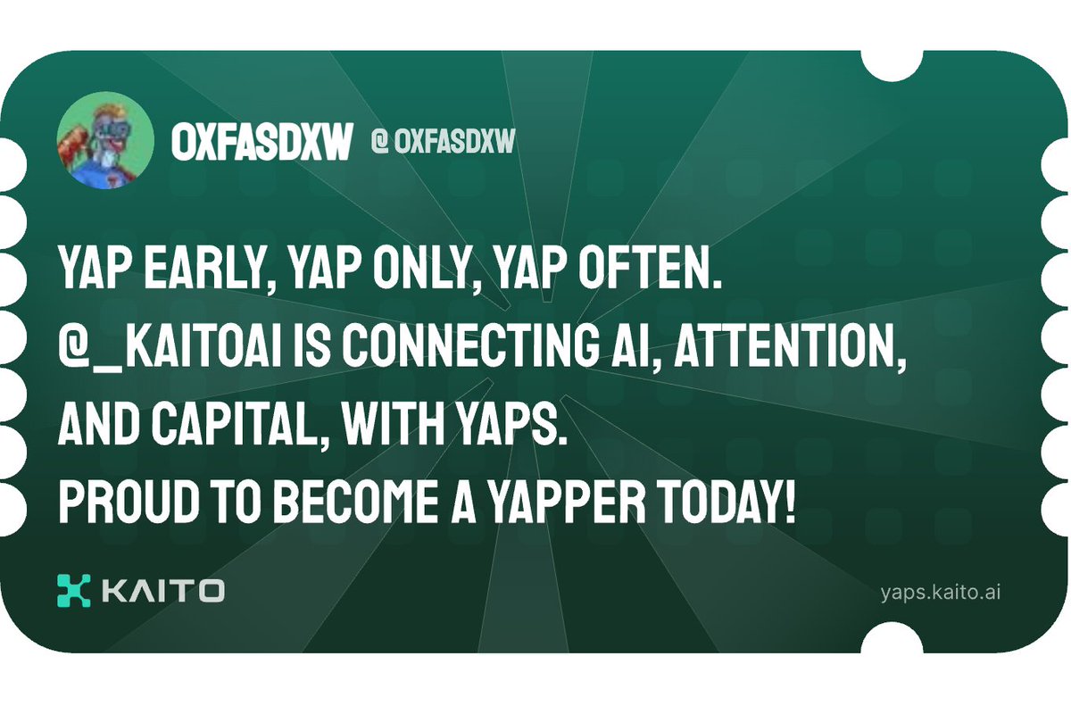 Yap early, yap only, yap often.

@_kaitoai is connecting AI, attention and capital with Yaps.

Just claimed my social card and I'm accumulating Yap points in real-time.

Claim yours 👉 yaps.kaito.ai/referral/10269…