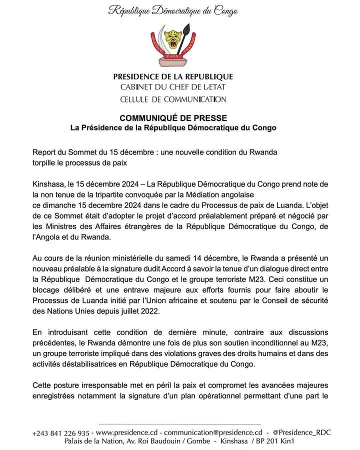 jmutala521's tweet photo. #ProcessusdeLuanda : avec son absence @PaulKagame démontre qu'il est un véritable sanguinaire et qu'il privilégie la guerre au lieu de la #paix.
Communiqué de presse de la @Presidence_RDC suite à l’annulation de la tripartite prévue ce dimanche à #Luanda, en #Angola. 👇
@fatshi13 https://t.co/aMPtCubbNj
