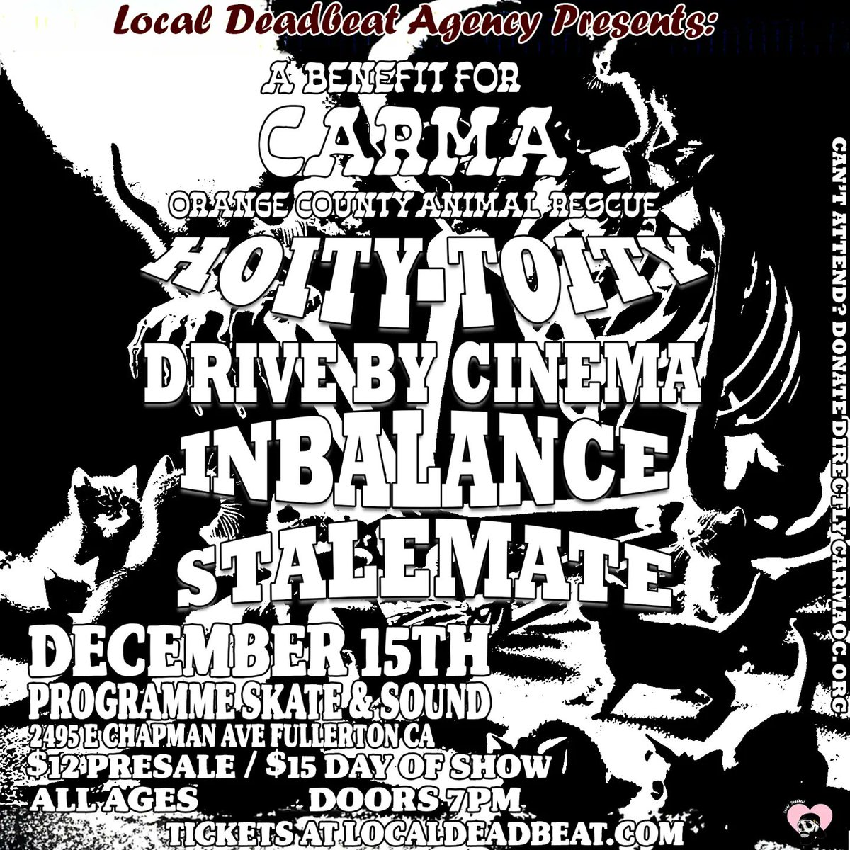 LocalDeadbeatCA's tweet image. T O N I G H T
WE ARE TEAMING UP WITH @hoitytoityofficial @DBCinemaBand @InBalanceCA @stalemate.ca to host a banger of a benefit. 100% of tickets/door do to @carma_oc_rescue - following venue fees. Carma kicks butt and they're some of the nicest people. 
Music starts at 7