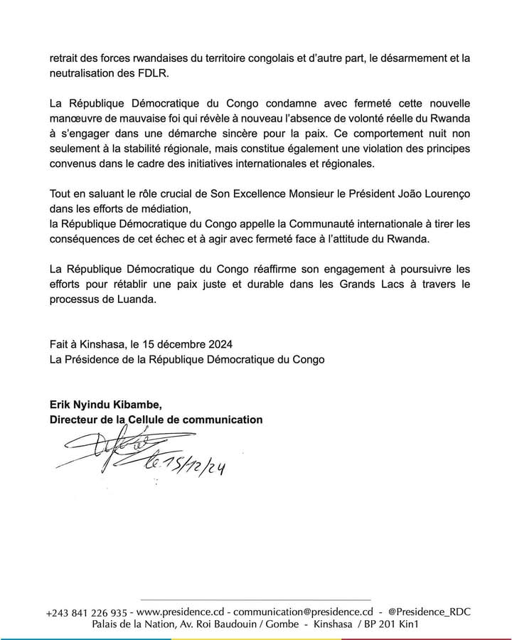 jmutala521's tweet photo. #ProcessusdeLuanda : avec son absence @PaulKagame démontre qu'il est un véritable sanguinaire et qu'il privilégie la guerre au lieu de la #paix.
Communiqué de presse de la @Presidence_RDC suite à l’annulation de la tripartite prévue ce dimanche à #Luanda, en #Angola. 👇
@fatshi13 https://t.co/aMPtCubbNj