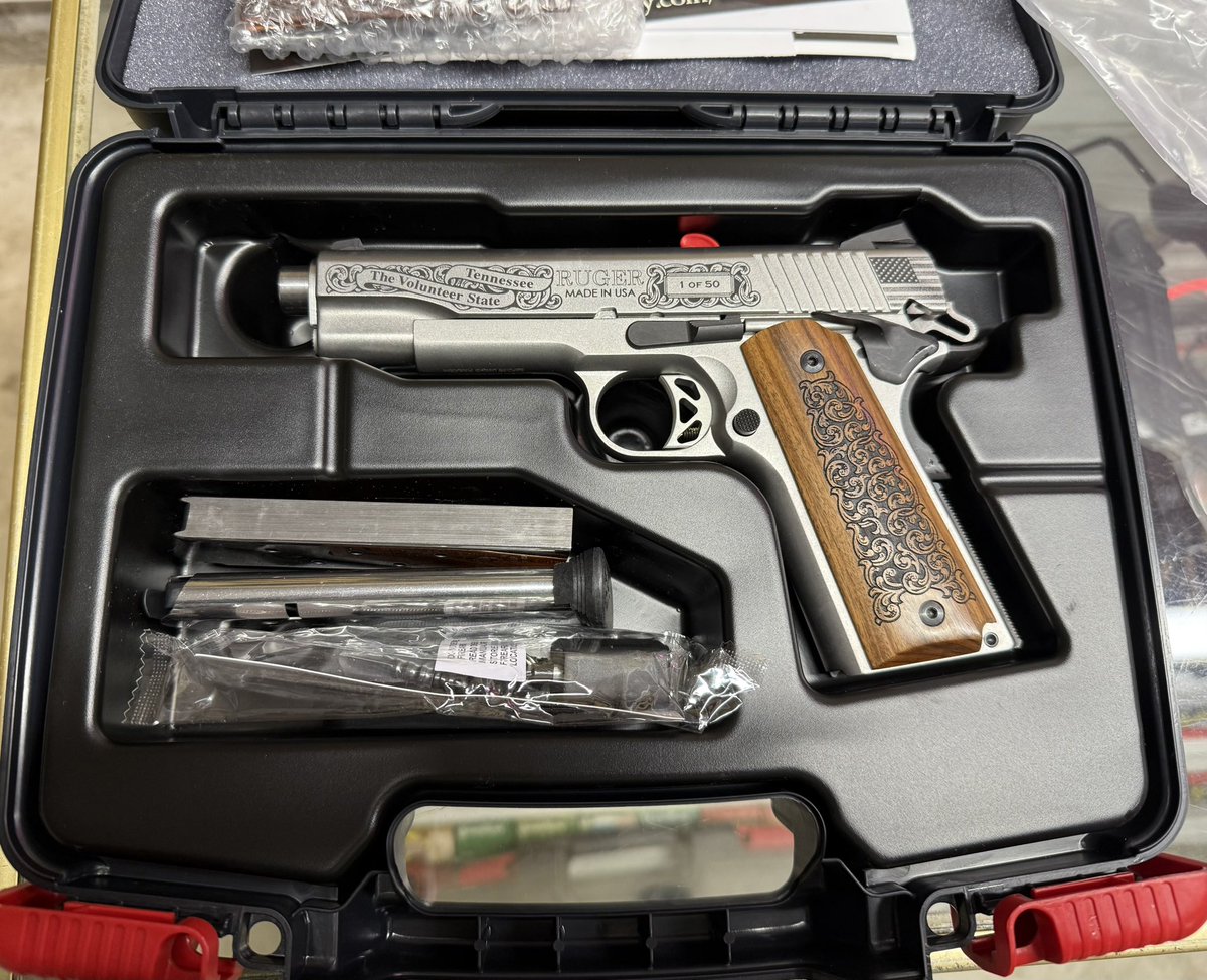 RidgetopFA's tweet photo. Ruger SR1911 Cannon County edition, NUMBER 1!  Only 50 of these are being made, and each are individually numbered.  Comes with a beautiful wood display box with the Cannon County scene on top.  $1700 cash out the door for this one of a kind piece! https://t.co/Y55yZ9gvan