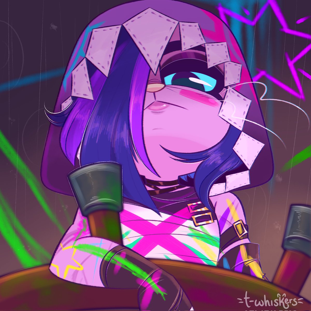 I was bored, so I drew my little one with Jinx's outfit 💙🩷

#furry #furryartist #taniwhiskers #oc #Arcane #jinx #artist