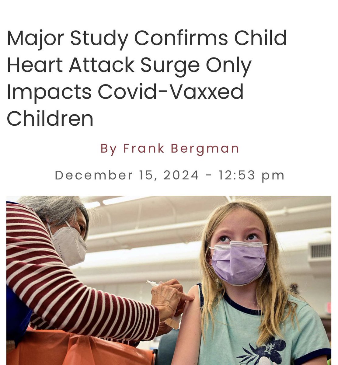Censored4sure's tweet photo. A bombshell study has confirmed that the global surge of heart failure in children is only impacting those who received Covid mRNA “vaccines.”

The major study, involving 1.7 million children, is the largest of its kind so far.

The study was conducted by a team of leading UK medical doctors, epidemiologists, biostatisticians, and public health experts led by Oxford University’s Professor Colm D Andrews.

The research team divided the children into two groups: Those who received Covid “vaccines” and those who didn’t.

They found that not a single unvaccinated child in the group suffered from heart-related problems.