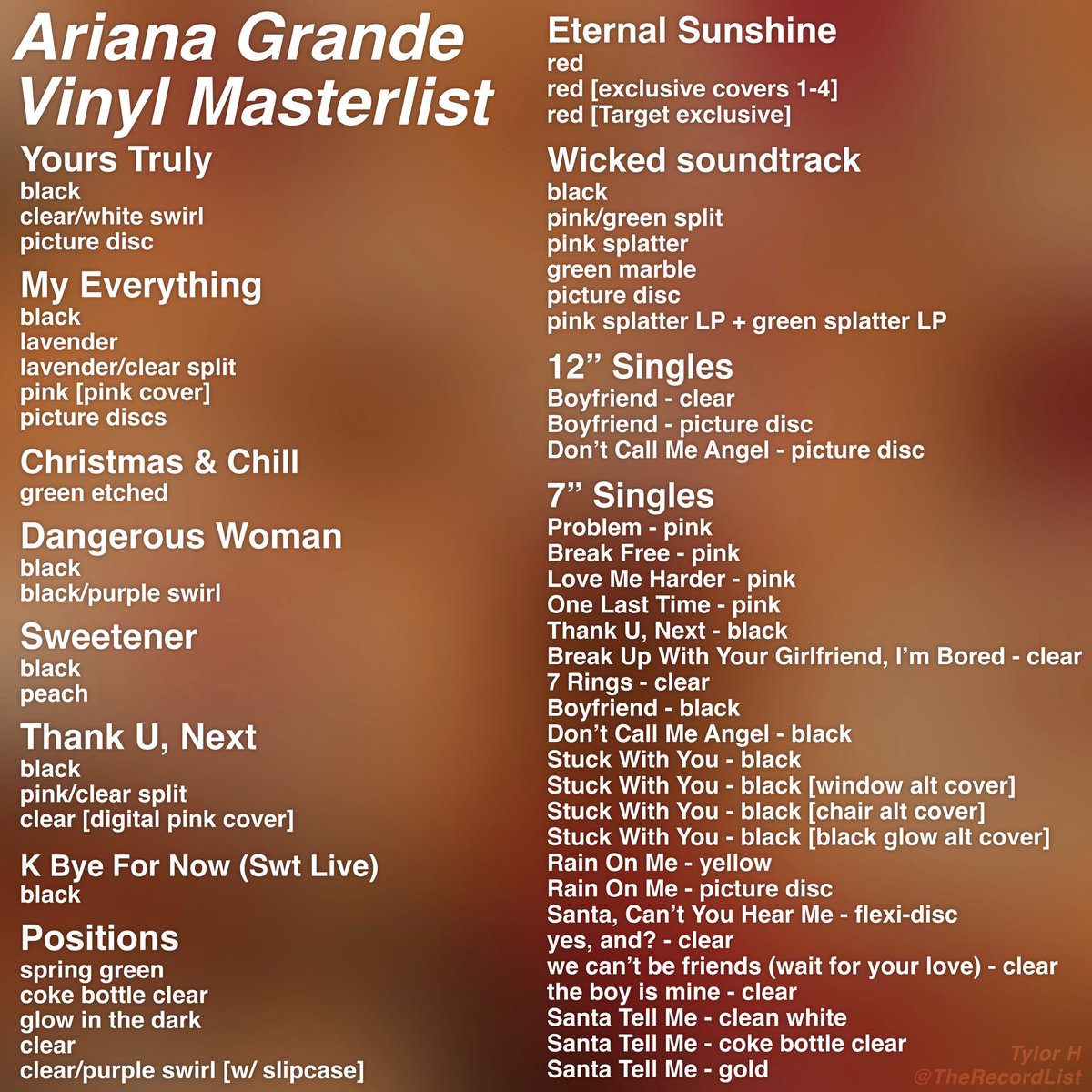 TheRecordList's tweet photo. Ariana Grande vinyl variants

Updated with the 10th anniversary picture discs pressing of My Everything and the Wicked soundtrack variants ✨ https://t.co/yxwbwqIuuX