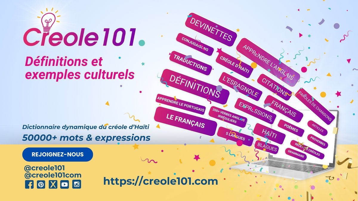 Creole101Com's tweet photo. Creole101 is a dynamic Haitian Creole Dictionary (see Creole101). Search any word to find definitions, 4 language translations, cultural insights across Proverbs, Quotes, Poems, Jokes, Riddles, Song Lyrics, Articles, and much more! https://t.co/q5IslP5t1t