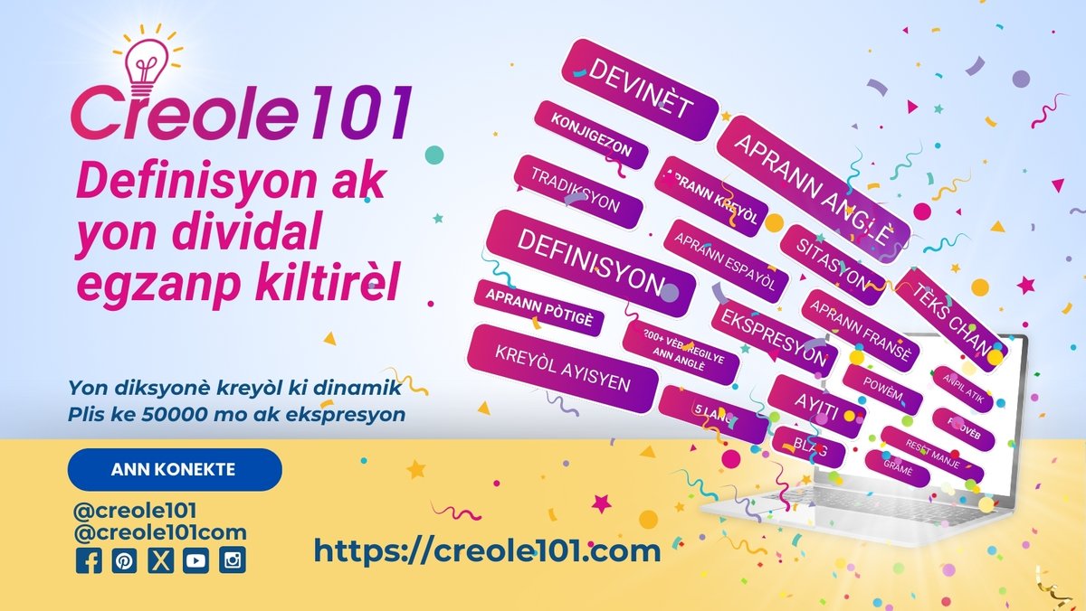 Creole101Com's tweet photo. Creole101 is a dynamic Haitian Creole Dictionary (see Creole101). Search any word to find definitions, 4 language translations, cultural insights across Proverbs, Quotes, Poems, Jokes, Riddles, Song Lyrics, Articles, and much more! https://t.co/q5IslP5t1t