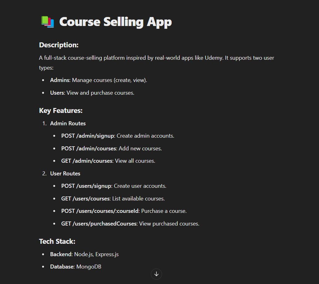 RajatCode14's tweet image. 🚀 Day 10 of my full-stack journey! Started building a course-selling app with users, admins, and courses in the database. Excited to see this project evolve! 💻✨ #100DaysOfCode #MERN #FullStack #WebDev #100XDevs  Project-OverView