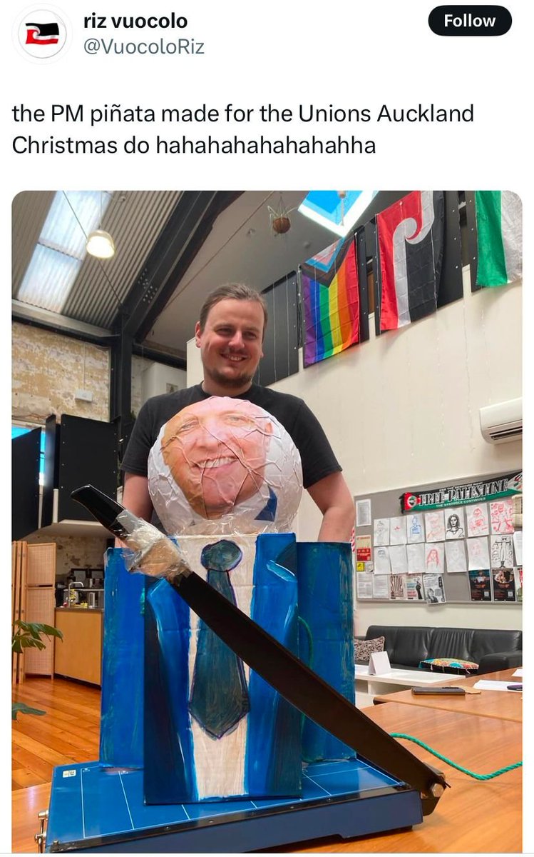 aniobrien's tweet photo. Union Christmas Party in Auckland has a @chrisluxonmp pinata mounted on top of a guillotine. Why is this not front page news? You know, like when some old folks put Jacinda on a toilet seat?
@nzherald @NewstalkZB @1NewsNZ @radionz @NZStuff @mypsanz https://t.co/EFRTTdG8Dr