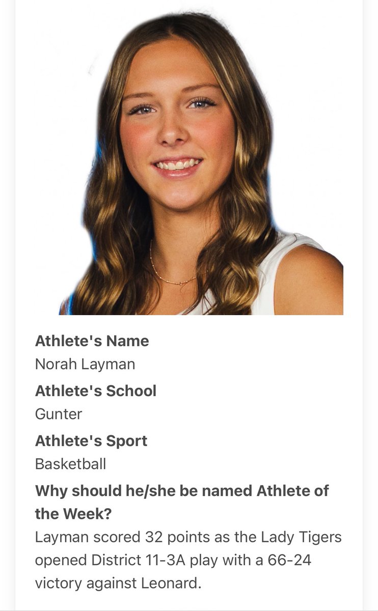 Roy Layman (@roylayman) on Twitter photo 🏀🐅Vote for <a href="/NorahLayman/">Norah Layman</a> for <a href="/heralddemocrat/">heralddemocrat</a> Athlete of the Week!!
contests.cherryroad.com/event/c67baf24… 🏀🐅Vote for <a href="/NorahLayman/">Norah Layman</a> for <a href="/heralddemocrat/">heralddemocrat</a> Athlete of the Week!!
contests.cherryroad.com/event/c67baf24…