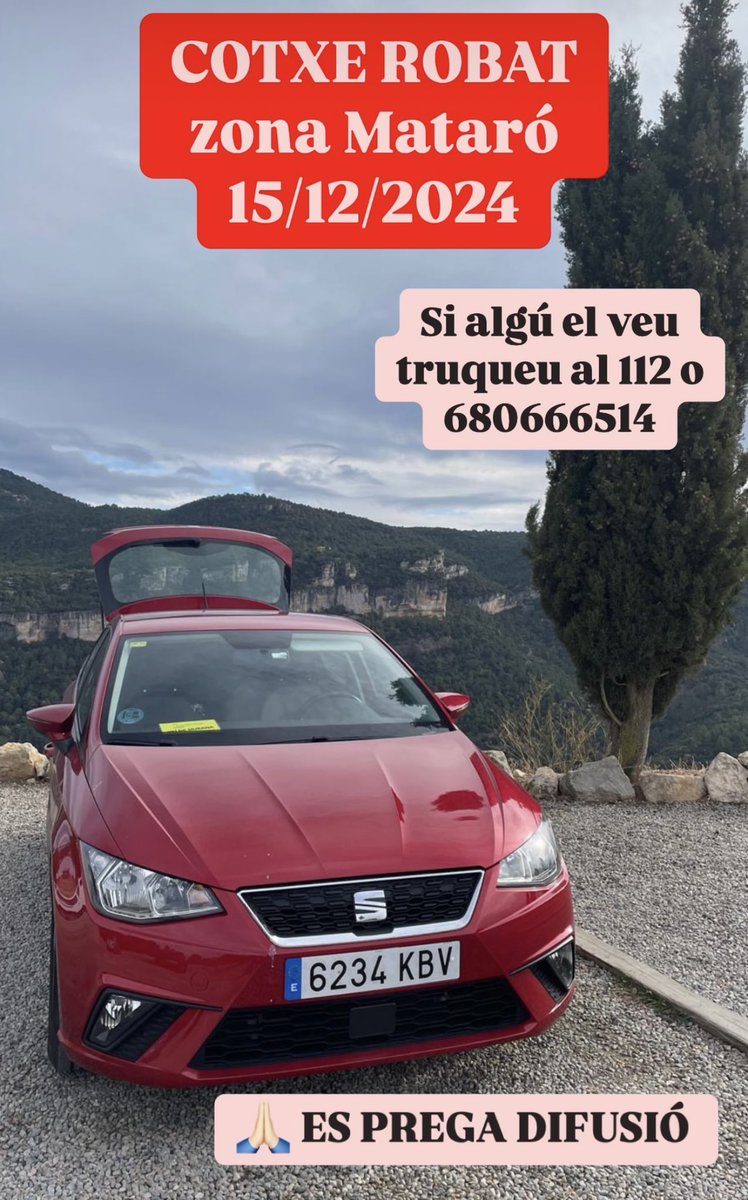 GerardCaelles's tweet photo. Cotxe robat Zona Mataró (Seat Ibiza vermell, matrícula 6234 KBV). Agrairia difusió amb likes i RT si us plau 🙏🏽 https://t.co/pZpR3ucbvG