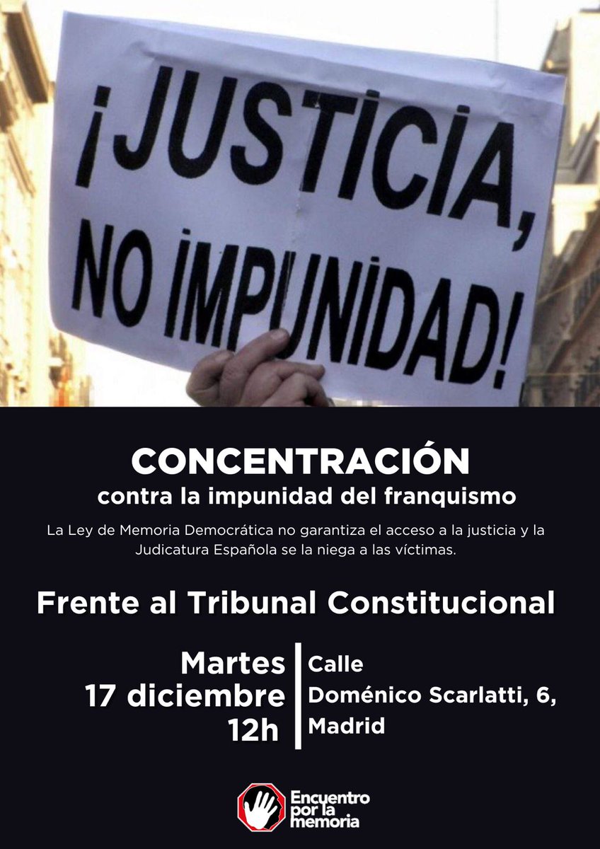BEBES_ROBADOS_'s tweet photo. ¡BASTA YA DE IMPUNIDAD!

Martes 17 diciembre, 12:00 horas, frente al Tribunal Constitucional.

Las víctimas seguimos #SinJusticia: la Ley de Memoria no garantiza el acceso a la justicia y los jueces cierran nuestros casos. 

¡Acude!

@emhyvf17102015 https://t.co/ytR3pWwKLq
