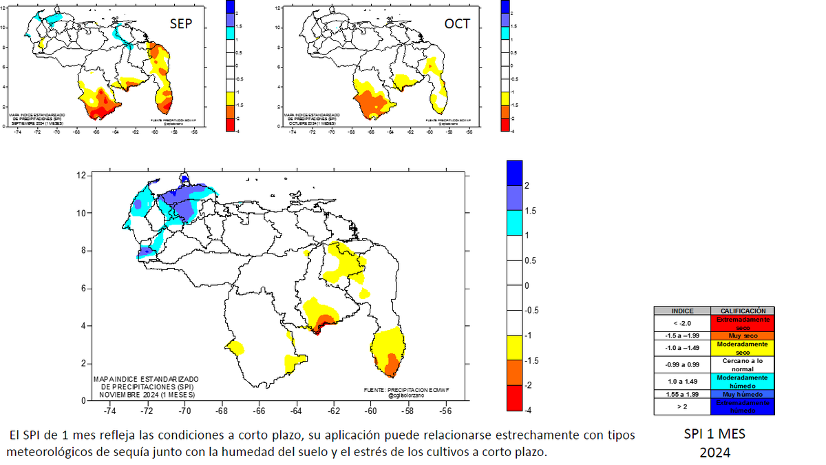 cgilsolorzano's tweet photo. 1/6  Mapa Indice de Precipitaciones (SPI) en noviembre 2024 para la escala de tiempo 1 mes, se ubica al sur de Bolívar y Esequibo moderadamente seco, el occidentes de muy a extremadamente húmedo, el resto del país normal. https://t.co/Mswfib0YoQ