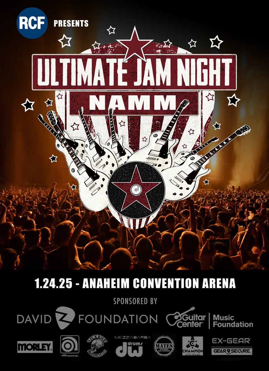 JUST ANNOUNCED! 
NAMM! WE ARE BACK! 

Where: Anaheim Convention Center Arena 
Friday, Jan 24, 2025
FREE, All Ages 
Doors with NAMM Badges 6pm
Public Doors 6:30pm
Opening Band 7pm
Jam 8pm - 11pm
Presented by RCF 
Sponsored by the David Z Foundation
Hosted by: Paulie Z