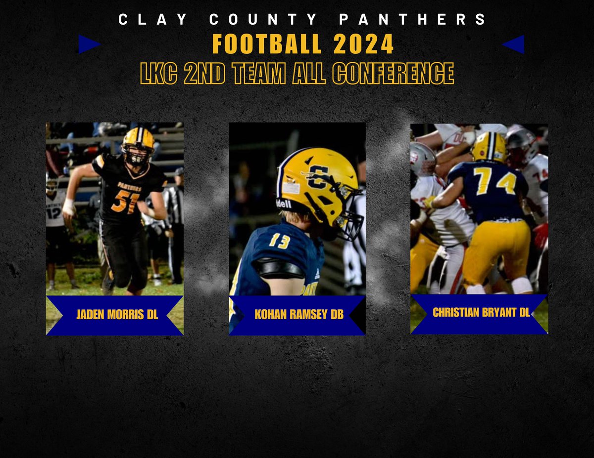 ClayPanthersFB's tweet photo. Here are our athletes that were selected for LKC Conference 1st Team, 2nd Team and Honorable Mention honors.  Congratulations to all of our athletes!
#alarmsounded #cchsfootball2024 https://t.co/44qsDfj1dV