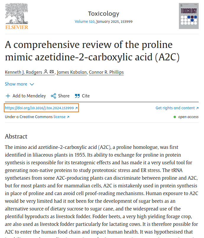 A deep dive into the biochemistry of azetidine-2-carboxylic acid aimed to reveal toxic effects of this noncoded proline analogue on humans and other species.
It's a little funny to see how much more intensively this molecule was researched back in the past
doi.org/10.1016/j.tox.…