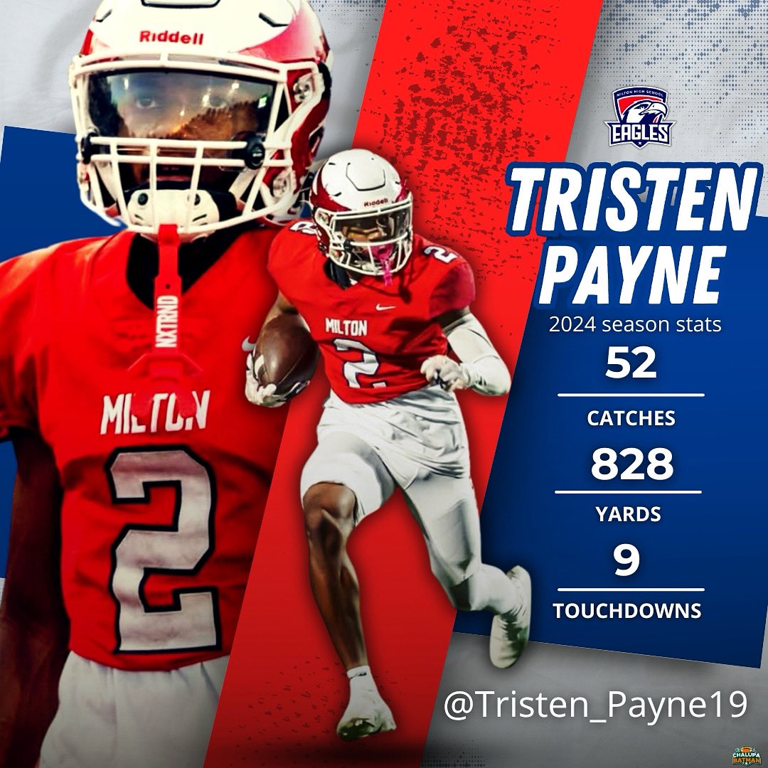 2025 WR Tristen Payne is having a breakdown season for Milton!! 

🦅 52 catches 
🦅. 828 yards 
🦅 9 TDs
🦅 15.9 YPC

#RecruitGeorgia #Mpire #TheMvsThem
