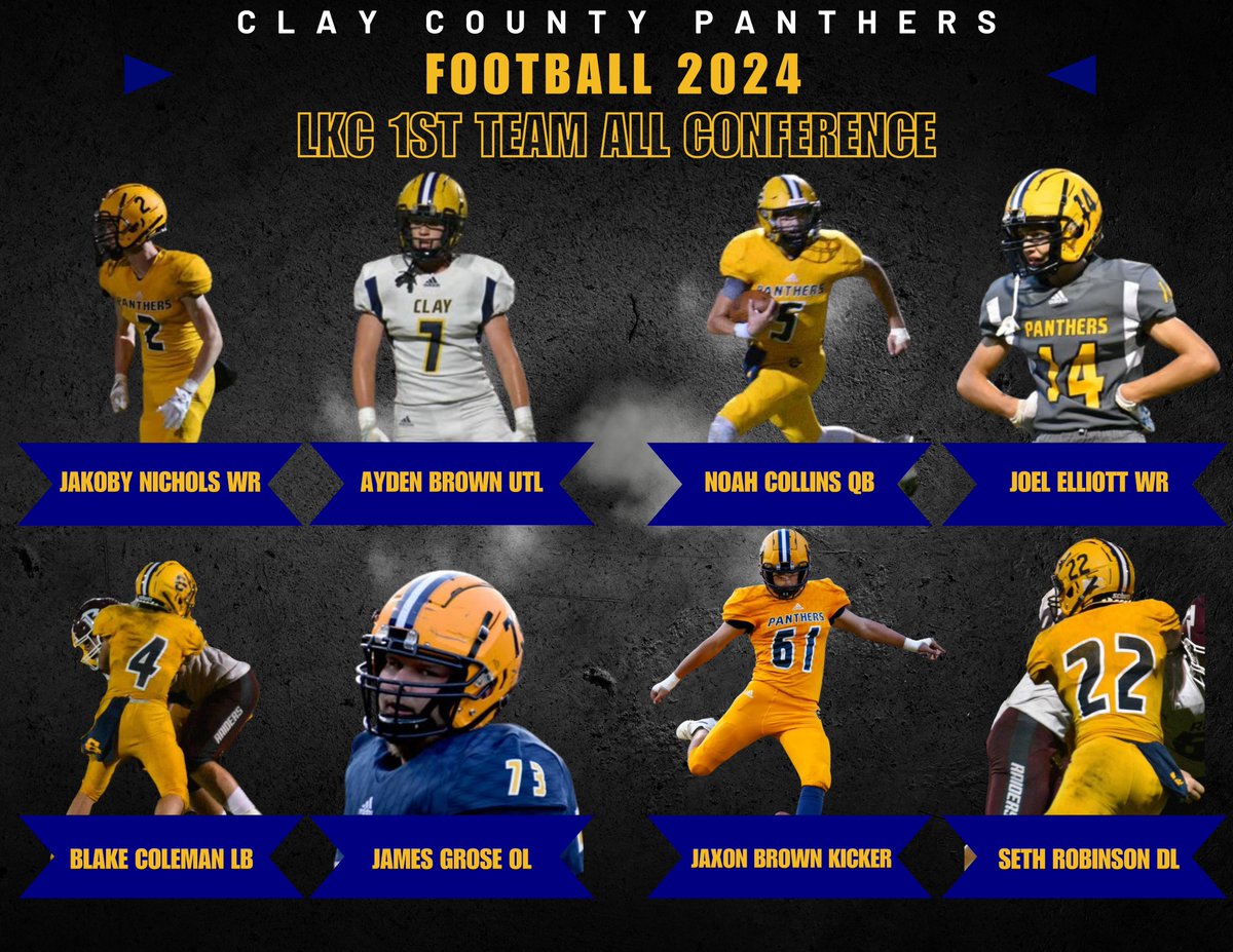 ClayPanthersFB's tweet photo. Here are our athletes that were selected for LKC Conference 1st Team, 2nd Team and Honorable Mention honors.  Congratulations to all of our athletes!
#alarmsounded #cchsfootball2024 https://t.co/44qsDfj1dV
