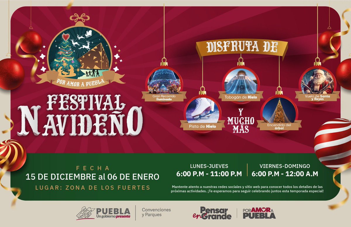 Errorstv7's tweet image. 🎄🎅🏼 A partir del 15 de diciembre, Puebla se llena de magia con el Festival Navideño #PorAmorAPuebla. ❤️

Disfruta de pista y tobogán de hielo, tren navideño, vuelo de Santa y Reyes, actividades artísticas y culturales. 🪅⛸

🎟️¡Evento gratuito!
📍Zona Histórica de Los Fuertes
