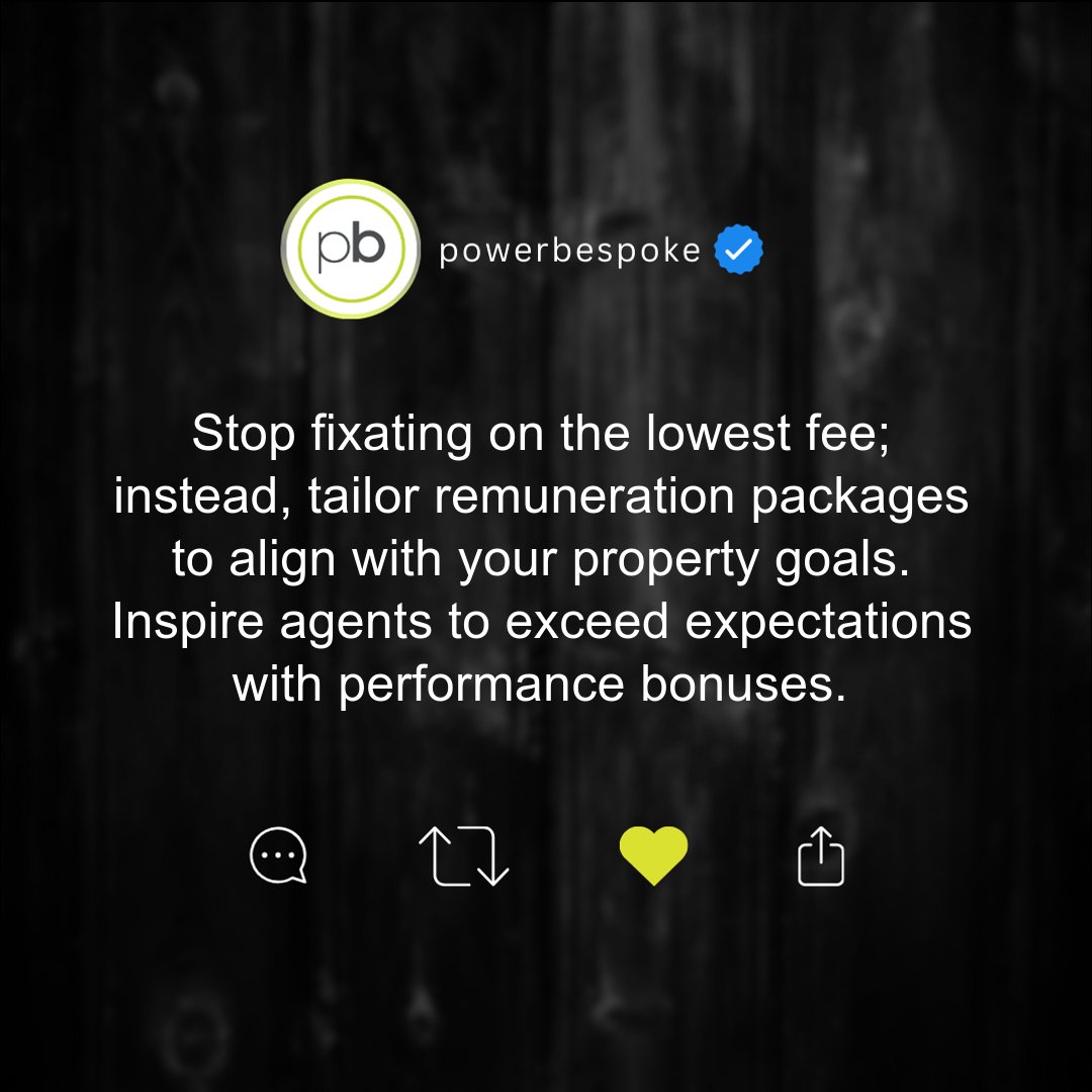powerbespoke's tweet photo. Stop fixating on the lowest fee; instead, tailor remuneration packages to align with your property goals. Inspire agents to exceed expectations with performance bonuses. #powerbespoke #realestateadvice #salestrategy Full Blog Here: https://t.co/HEvq6C6NHM https://t.co/1iR5j4LBPE