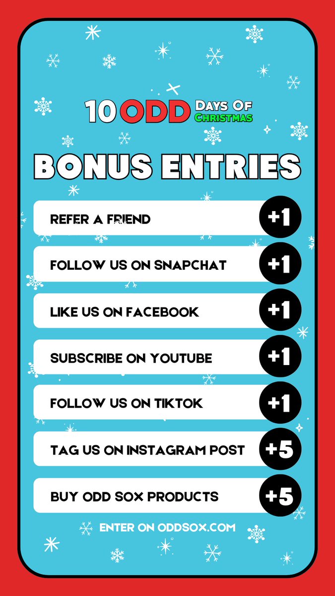 10 ODD DAYS OF CHRISTMAS 🎄
🎁 $20,000 in prizes this season! 🎉
•9 winners: $1,000 + 10 Odd items daily.
•Grand prize on Christmas Day: $10,000!

Enter at oddsox.com now! Bonus entries in our IG Stories. First winner announced Mon, Dec 16th!