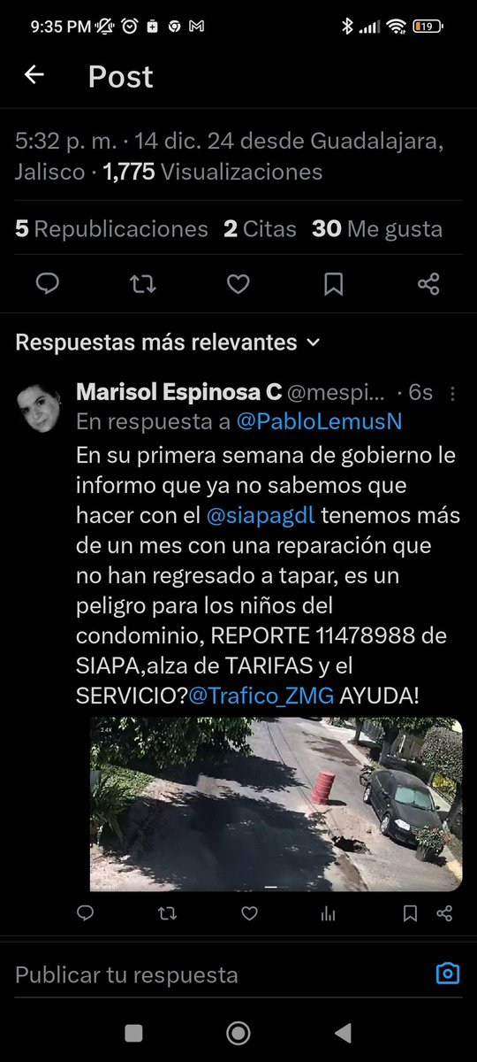 mespinos94's tweet photo. @siapagdl Más de un mes sin terminar la reparación!!! Número de reporte en la foto 👇🏼👇🏼👇🏼 si pasa un accidente ustedes serán los responsables , tengo foto de cada publicación por si la borran https://t.co/ZVclVDPv4K