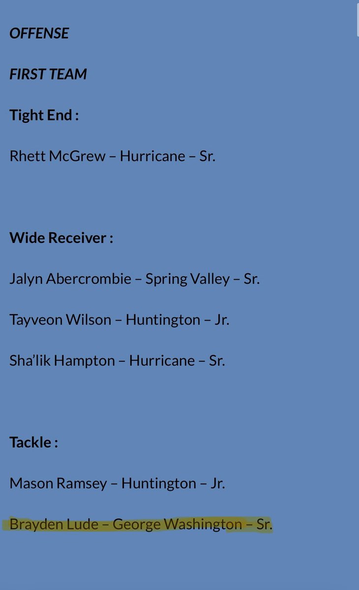 BraydenLude's tweet photo. Blessed to receive first team all conference!!!! @MikeDamous @GWHSFootball1 https://t.co/JzPrqTbjw2