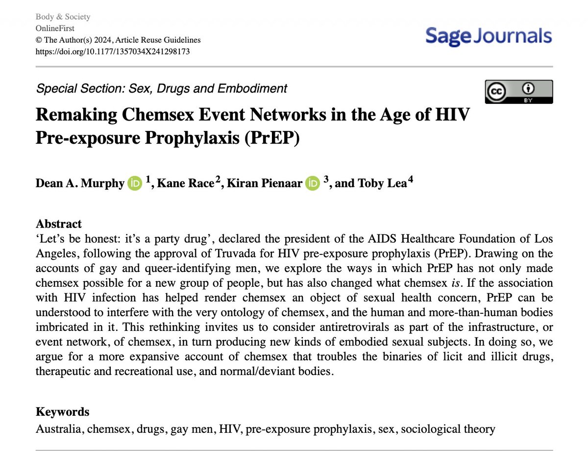 Dean Murphy (@deanxmurphy) on Twitter photo Our new article with <a href="/kanerace/">Kane Race</a> <a href="/KiranPienaar/">Kiran Pienaar</a> Toby Lea from <a href="/arc_gov_au/">Australian Research Council</a> chemical practices project.
If HIV risk is what made chemsex an object of sexual health concern, how have antiretrovirals (as PrEP) altered what chemsex is, and produced new kinds of embodied sexual subjects? Our new article with <a href="/kanerace/">Kane Race</a> <a href="/KiranPienaar/">Kiran Pienaar</a> Toby Lea from <a href="/arc_gov_au/">Australian Research Council</a> chemical practices project.
If HIV risk is what made chemsex an object of sexual health concern, how have antiretrovirals (as PrEP) altered what chemsex is, and produced new kinds of embodied sexual subjects?