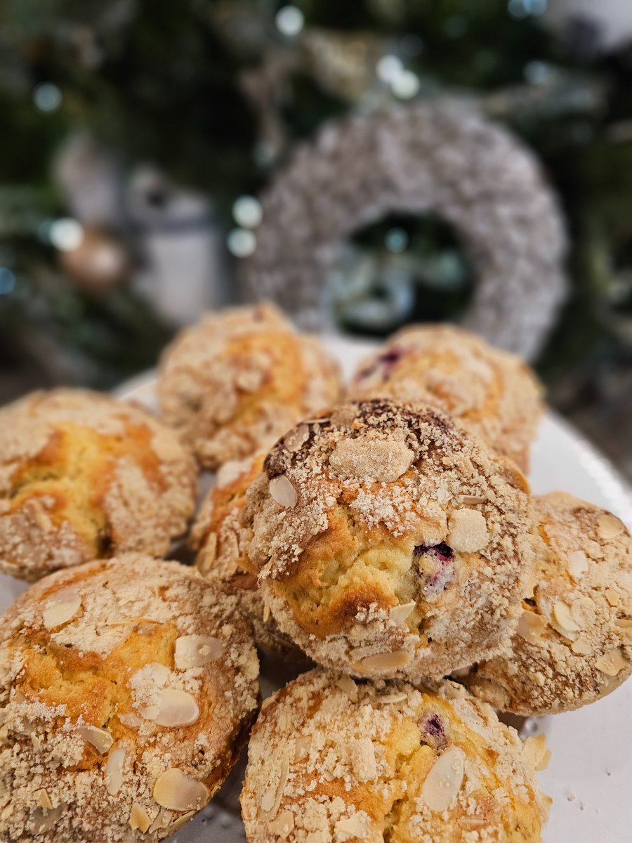 Santa's Favourite Muffins...tart cherries, almonds, spiced apple &amp; dried cranberries. Baker Chris makes Santa's Favourite Loaves too.