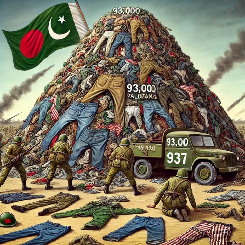 FrankfurtPK's tweet photo. #Bangladesh #FallOfDhaka
#1971 #HamoodUrRehman_Commision
#ApologizeToBangladesh

پاکستانی عوام کی طرف سے اپنے بنگلہ دیشی بھائیوں اور بہنوں سے معذرت۔ ہمیں آج بھی 1971 کے ڈھاکہ میں پاک فوج کے مظالم یاد ہیں، جنہوں نے طاقت کے نشے میں انسانی اقدار کو پامال کیا اور پاکستان کے ٹوٹنے کا باعث بنے۔ شرمناک طور پر ہمارے 93 ہزار فوجی ڈھاکہ میں ہتھیار ڈال کر اپنی وردیاں اور عزت چھوڑ گئے۔ یہ سبق ہے کہ جرنیلوں کی طاقت کی بھوک قوموں کو تباہ کر دیتی ہے۔

On behalf of the people of Pakistan, we apologise to our Bangladeshi brothers and sisters. We still remember the atrocities committed by the Pakistan Army in Dhaka in 1971, where power-hungry generals trampled on humanity and caused the breakup of Pakistan. Shamefully, 93,000 of our soldiers surrendered in Dhaka, leaving behind their uniforms and dignity. This is a lesson that the hunger for power among generals destroys nations.

পাকিস্তানের জনগণের পক্ষ থেকে আমরা আমাদের বাংলাদেশি ভাই-বোনদের কাছে ক্ষমা চাইছি। আমরা আজও ১৯৭১ সালে ঢাকায় পাকিস্তান সেনাবাহিনীর নৃশংসতা স্মরণ করি, যেখানে ক্ষমতালোভী জেনারেলরা মানবতা পদদলিত করে পাকিস্তান ভেঙে ফেলেছিল। লজ্জাজনকভাবে, আমাদের ৯৩,০০০ সেনা ঢাকায় আত্মসমর্পণ করে তাদের ইউনিফর্ম ও সম্মান ফেলে রেখে চলে যায়। এটি আমাদের শেখায় যে জেনারেলদের ক্ষমতার লোভ জাতিগুলোকে ধ্বংস করে দেয়।

#PakistanUnderMilitaryFascism