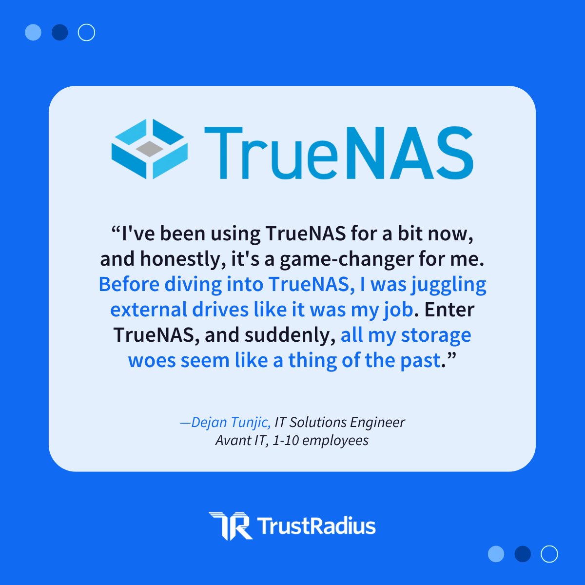trustradius's tweet image. 🤩 Here&apos;s a BIG #ShoutOutSunday to @truenas, a #NetworkAttachedStorage solution featuring all-flash and hybrid storage editions. Users love the modern, open-source approach to storing and protecting their growing data. 🥳

See what they&apos;re saying: bit.ly/3OQl7Ut